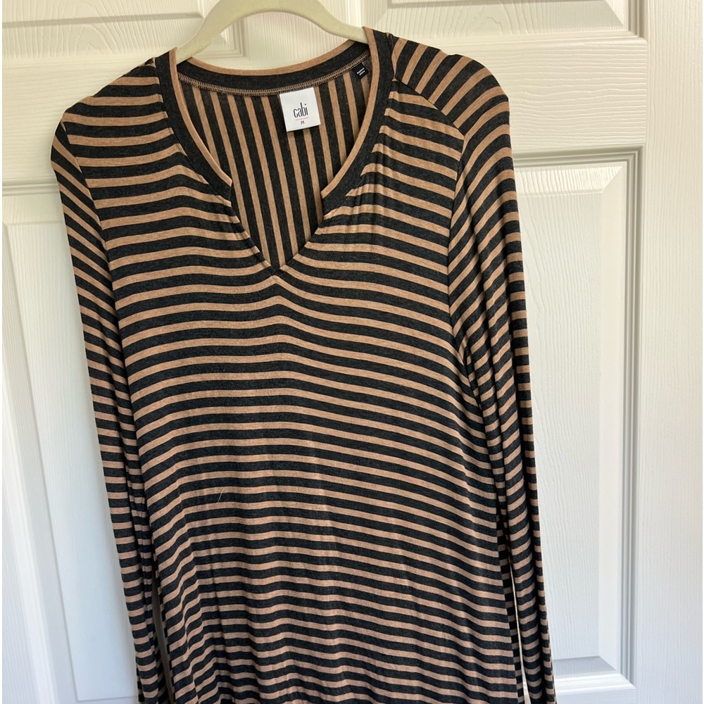 CAbi Black and Tan stripe tunic with asymmetrical hem. Called the slant tee